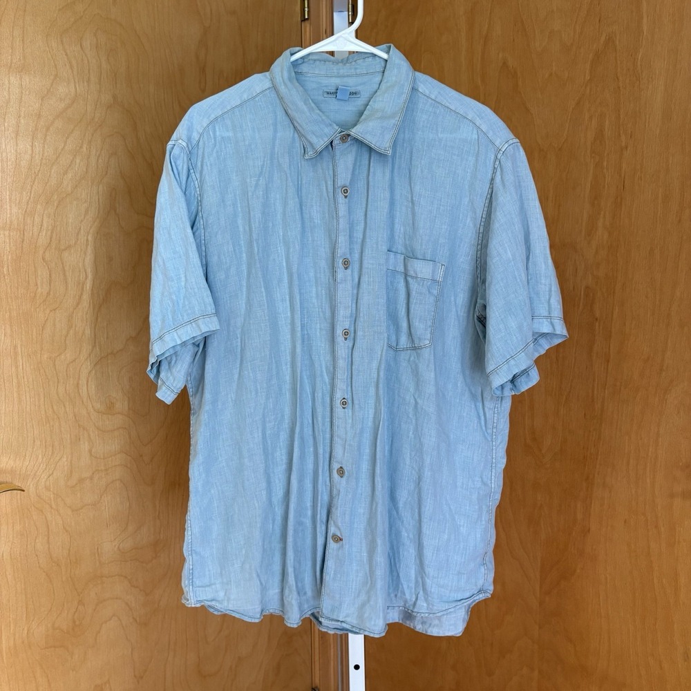 Martin Gordon Blue 100%‎ Linen Short Sleeve Button Up Shirt Men's XL